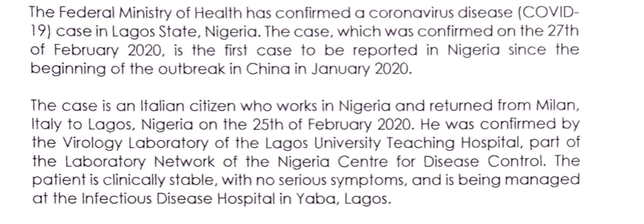 Coronavirus in  Nigeria Minister of Health press release