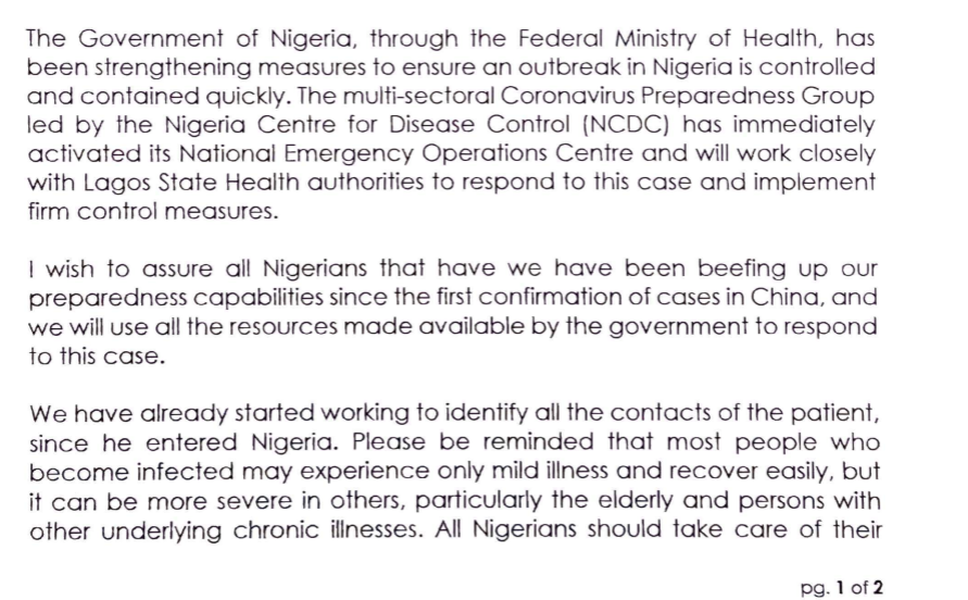 Coronavirus Nigerian Minister of Health press release