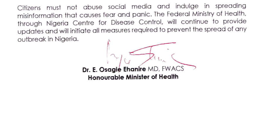 Coronavirus Nigerian Minister of Health press release