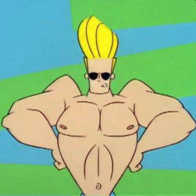 What’s the colour of Johnny Bravo’s t-shirt?