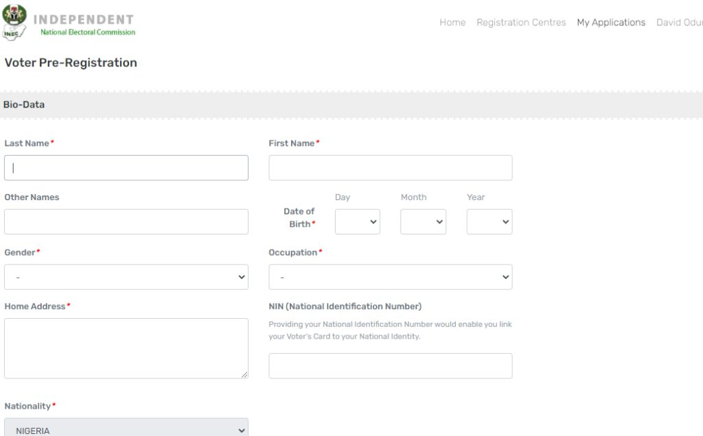 pvc registration online portal bio-data form page