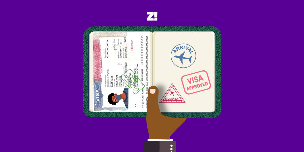 illustrated opened nigerian passport booklet with visa and travel stamps