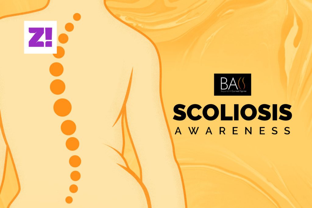 A banner with an illustration of curved spine to promote scoliosis awareness.