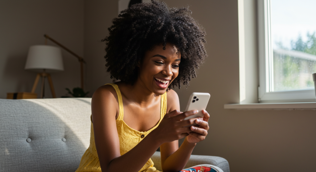 A woman smiling at a good night message she received