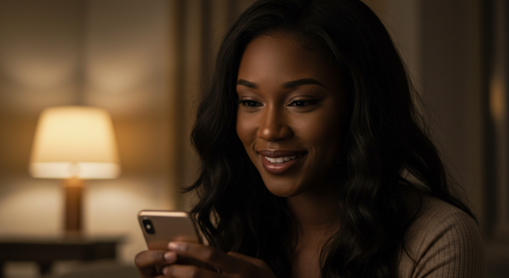 A young woman smiling at a flirty good night message she received